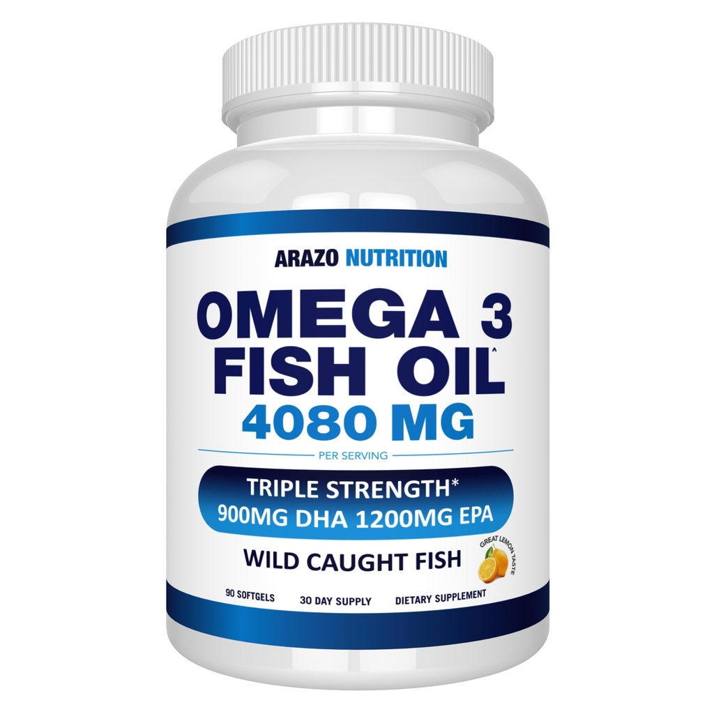 Arazo Nutrition Wild fanget Omega 3 Fish Oil - 90 Soft Gels - 4,080mg High EPA 1200mg DHA 900mg Lemon Flavor Burpless Softels