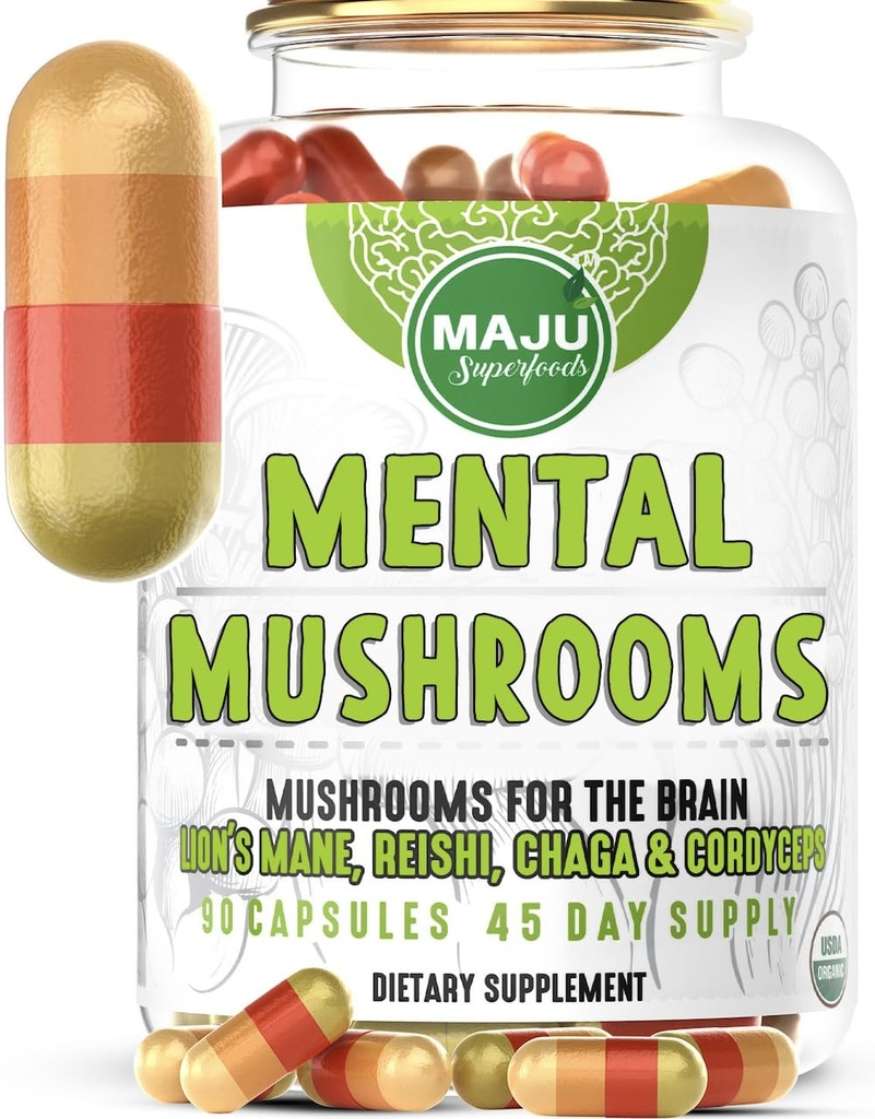 MENTAL Mushroom Capsules, Organic Extract Supplement w / Lion 's Mane, Cordyceps, Reishi og Chaga, Boost Your Focus, Energy, Wellness og immunsystem - Nootrop Mushrooms, Immunstøtte 90ct