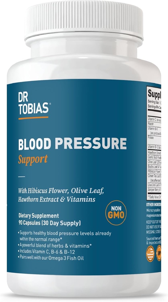 Dr. Tobias Blood Pressure Support Supplement med Hawthorn, Hibiscus Flower, Olive Leaf & Hvidløg, Understøtter Normal Circulatory Health med Vitaminer C, B6, B12, Niacin, Folate & Herbs, 90 Kapsler