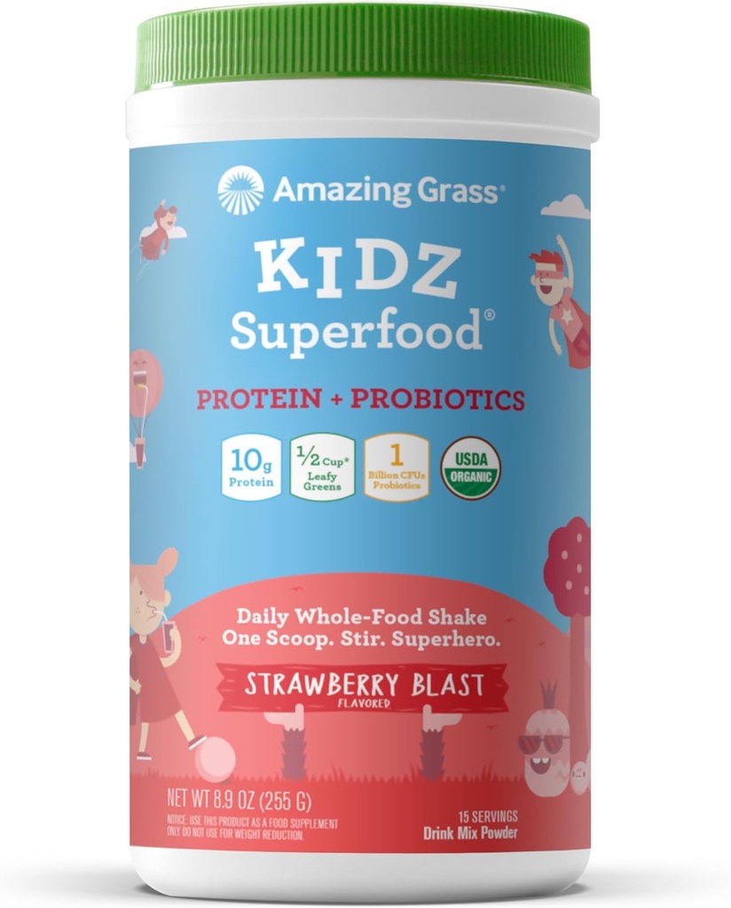 Amazing Grass Kidz Superfood: Vegansk Protein & Probiotika for børn med Beet Root Powder & 1 / 2 Cup af Leafy Green, Jordbær Blast, 15 Servering