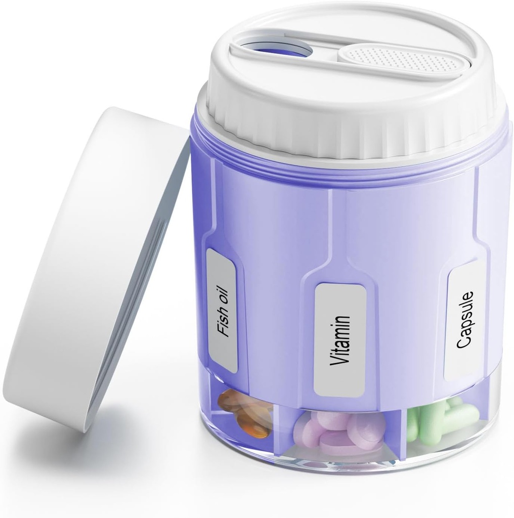 Daviky Pill flaske Organizer, tillæg Organizer med 7 store kompartmenter, Travel Pill Dispenser Round Pill Box med to låg Purple