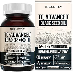 Black Seed Oil Softgels - 124; 5% Thymoquinon - TQ- Advanced ® - 124; High Potency - 500 mg per kapsel - 15: 1 Koncentrat fra Nigella Sativa Extract, Rå form, Vegansk Formel, glasflaske (60 Softgels)