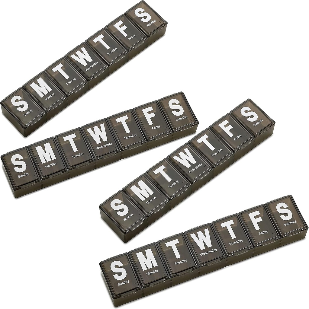 Ugentlig Pill Organizer - (Pakke af 4) Ekstra Stor Vitamin Container med Jumbo Let at læse Breve, BPA Gratis - Daglig rejse 7 dages medicinering Pill Box Case, (Sort)