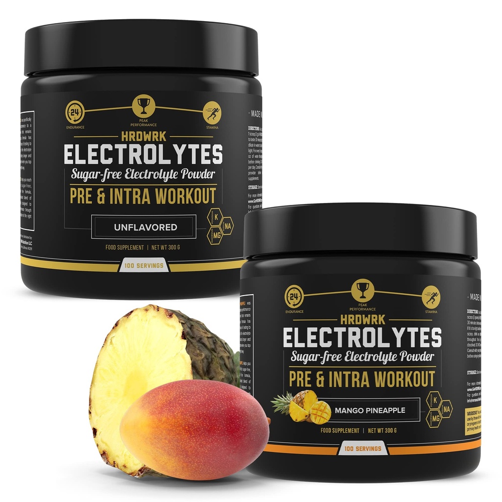 HRDWRK - 100 Servere Keto Electrolytes Powder Hydration Sugar Free - Electrolyte Powder to Boost Endurance & Reducer Træthed med Electrolytes Supplement - Unflavored & Mango Pineapple Set