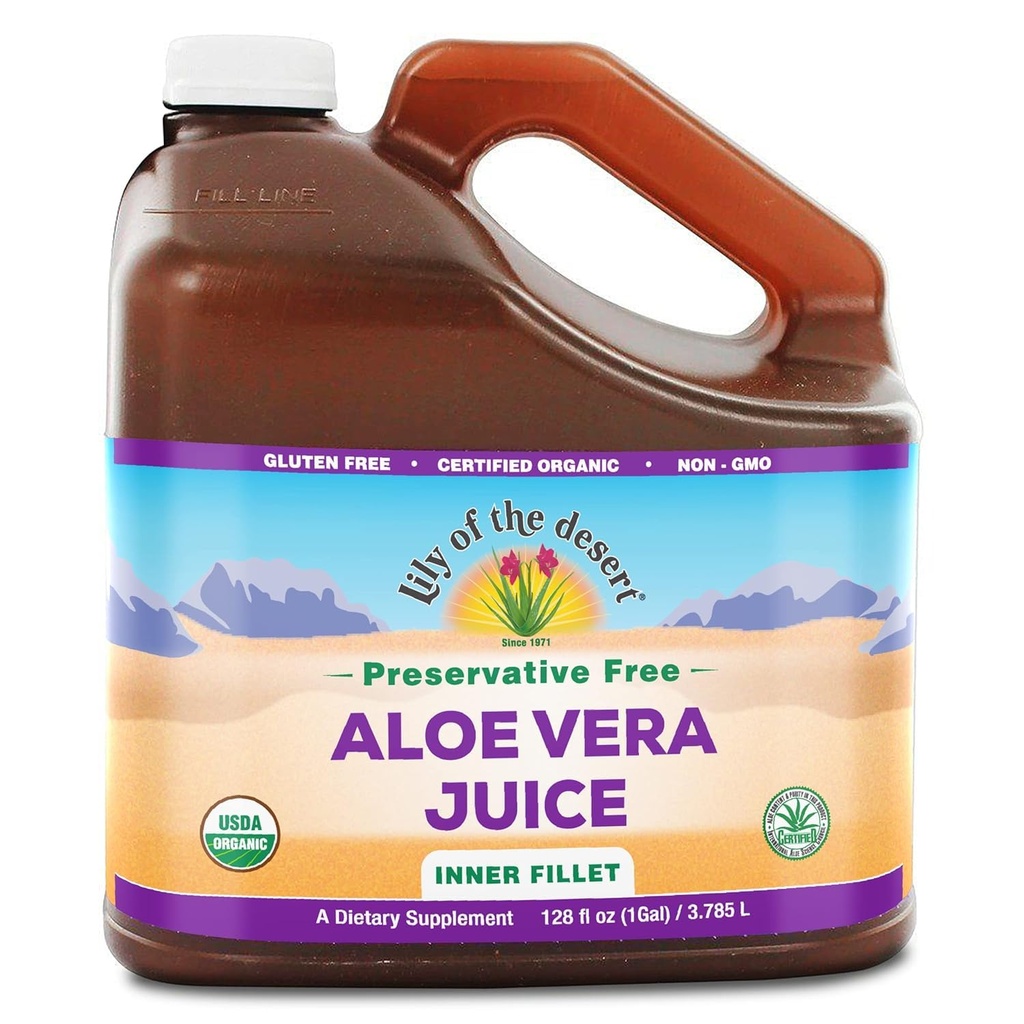 Lily af ørkenen Aloe Vera Juice - Økologisk, Preservative- Free Inner Fillet Aloe Vera Drik med naturlige fordøjelsesenzymer for Gut Sundhed, Mave Relief, Wellness, glødende hud, 128 Fl Oz