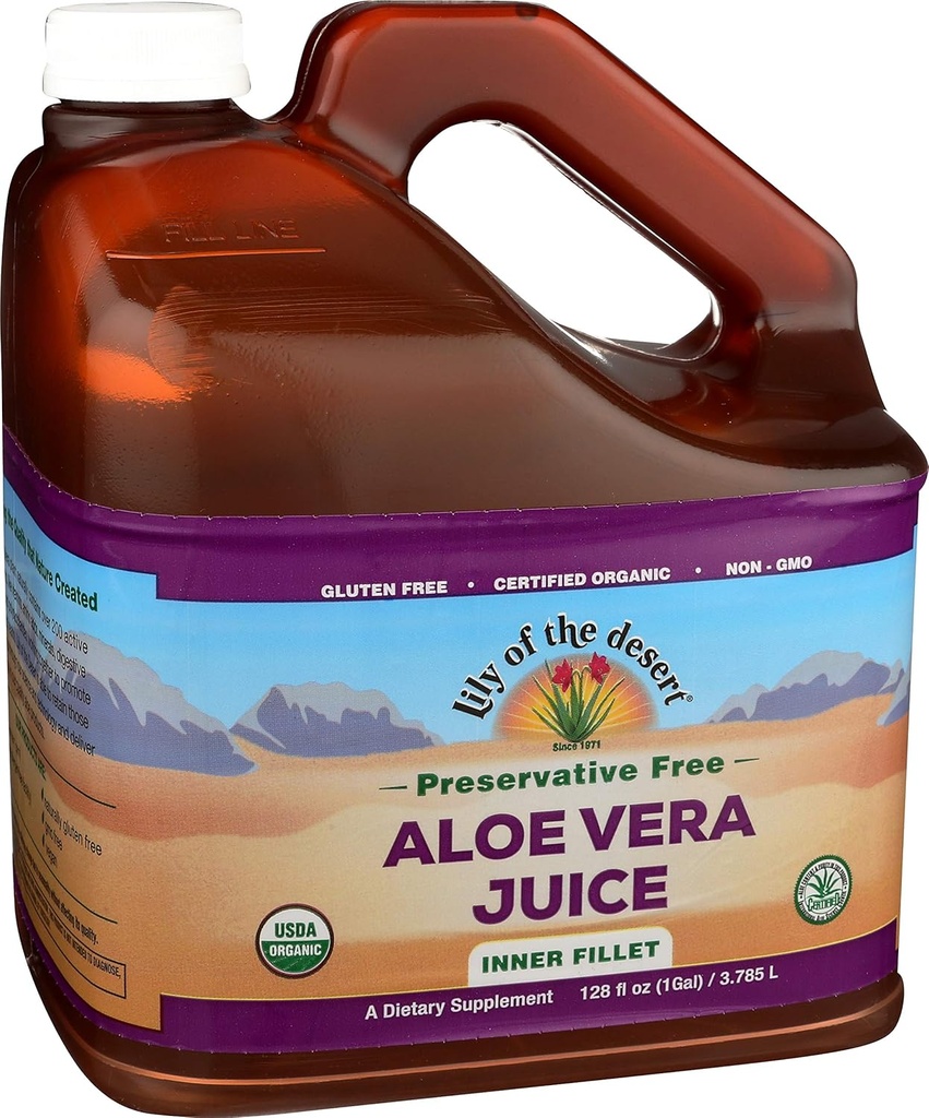 Lily af ørkenen Aloe Vera Juice - Økologisk, Preservative- Free Inner Fillet Aloe Vera Drik med naturlige fordøjelsesenzymer for Gut Sundhed, Mave Relief, Wellness, glødende hud, 128 Fl Oz