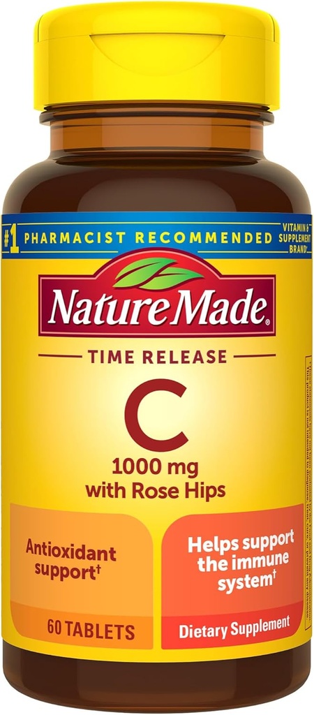 Nature Made C-vitamin 1000 mg med Rose Hips, Kosttilskud til immunforsvar, 60 tidsudgivelsestabletter, 60 dages forsyning