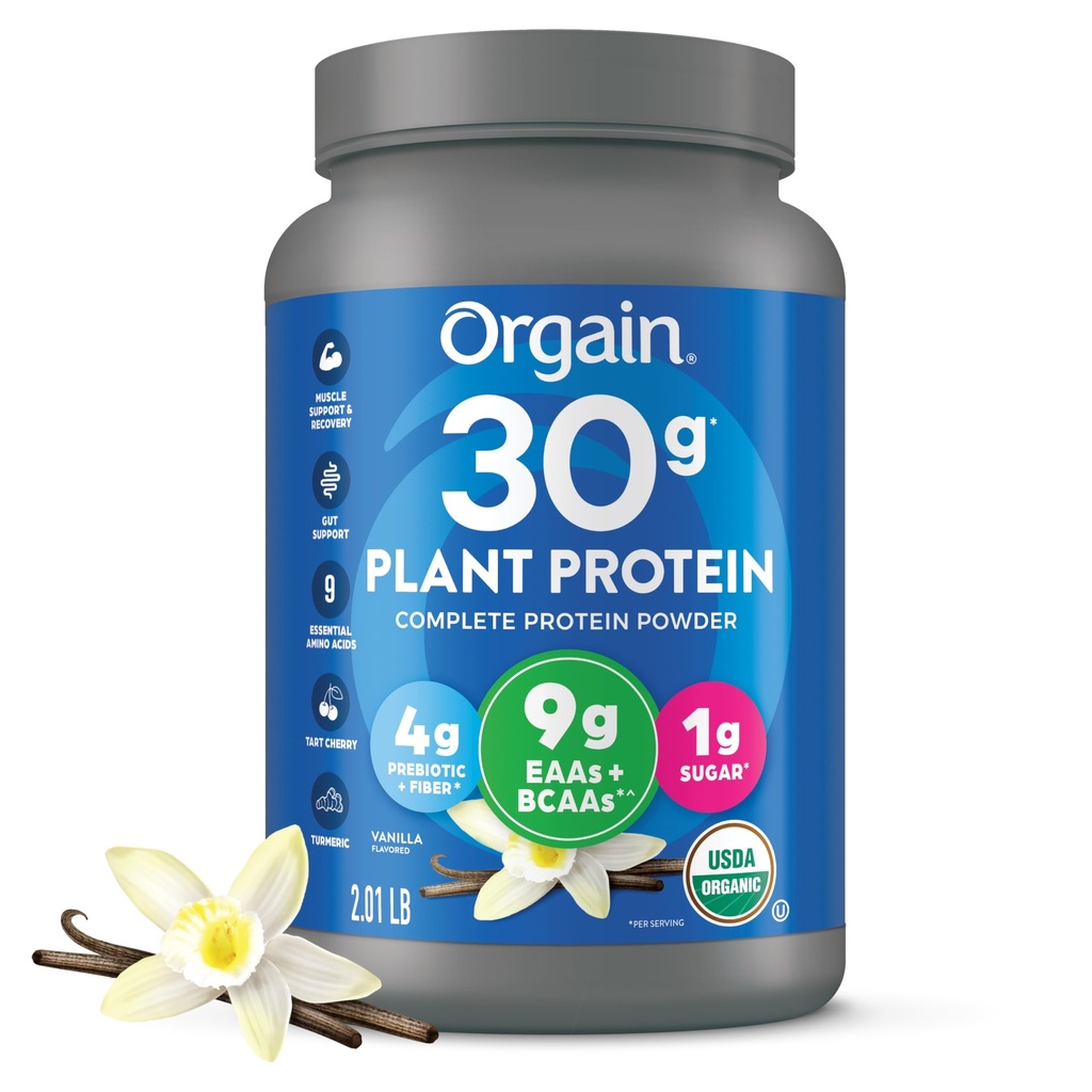 Orgain Organic 30g Vegan Plant Protein Powder, Vanilla, 9g EAA + BCAA, High Plant Protein, 4g Prebiotic + Fiber, 1g Sugar, Pre- workout, Muscle Support + Recovery - 2.01lb (Packaging May Vary)