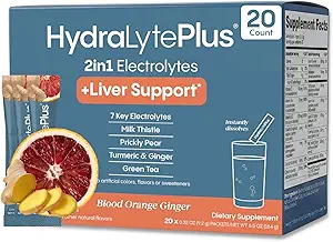 Hydralyte Leverstøtte + Electrolyte Mix med mælk tidsel, gurkemeje, Ingefær, Prickly Pære, Green Tea Extract Formuleret til hurtig rehydrering (blod Orange Ginger, 20 Pakets)