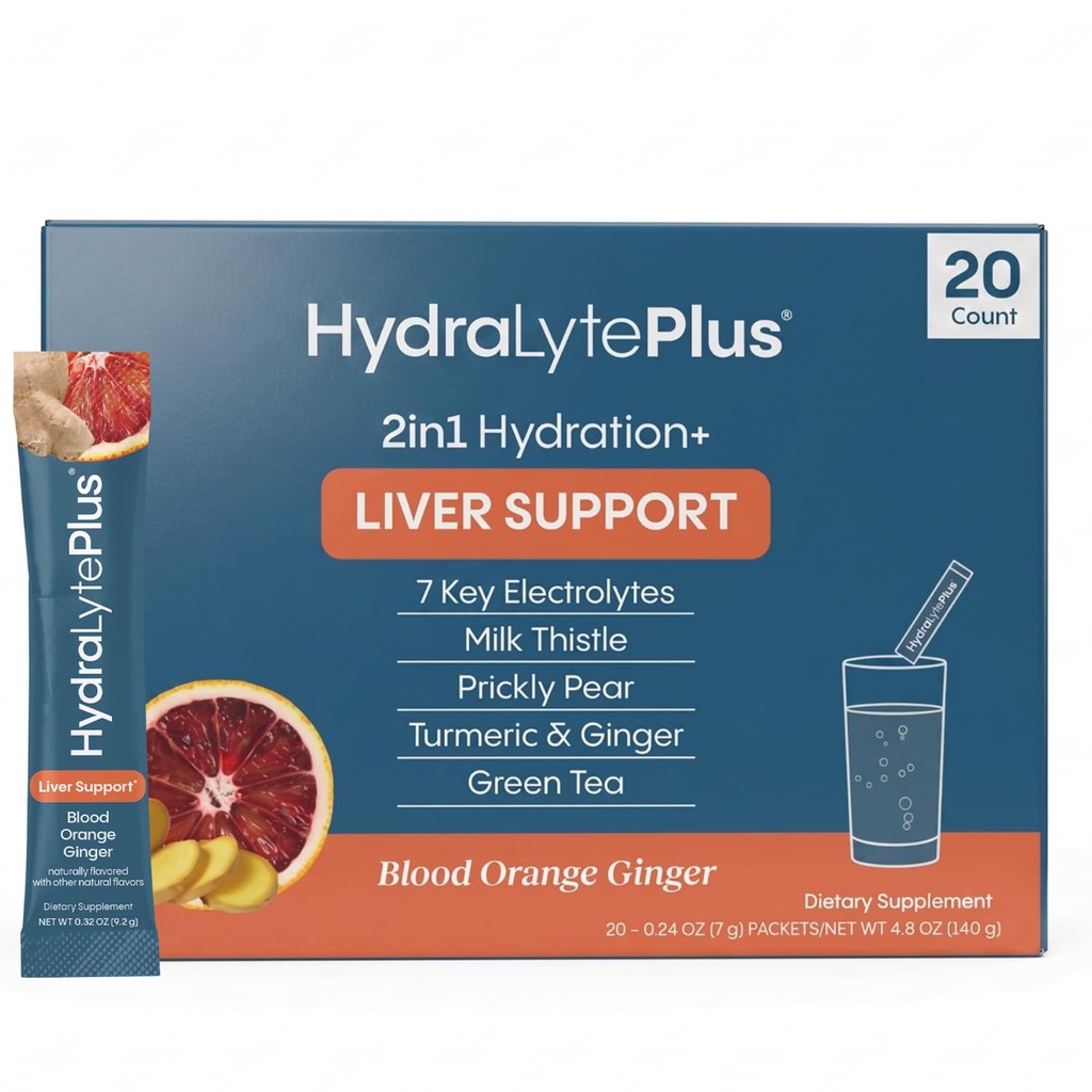 Hydralyte Leverstøtte + Electrolyte Mix med mælk tidsel, gurkemeje, Ingefær, Prickly Pære, Green Tea Extract Formuleret til hurtig rehydrering (blod Orange Ginger, 20 Pakets)