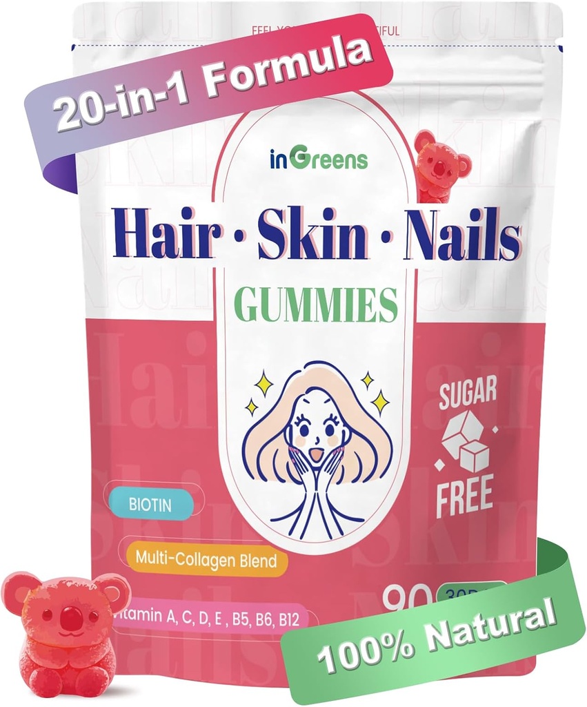 20- in-1 Hår Hud og negle Gummier, Hår Biotin Vitaminer for kvinder & Mænd med 10000 mcg Biotin, Vitaminer A, C, D, E for hårvækst & sund hud, White Peach Flavor, 90 Gummies