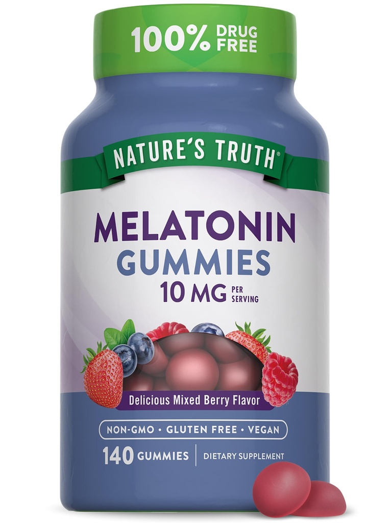 Nature 's Truth Melatonin Gummies against 124; 10mg against 124; 140 Greve 124; Berry Flavor against 124; Vegan, Non- GMO & Gluten Free Supplement for voksne