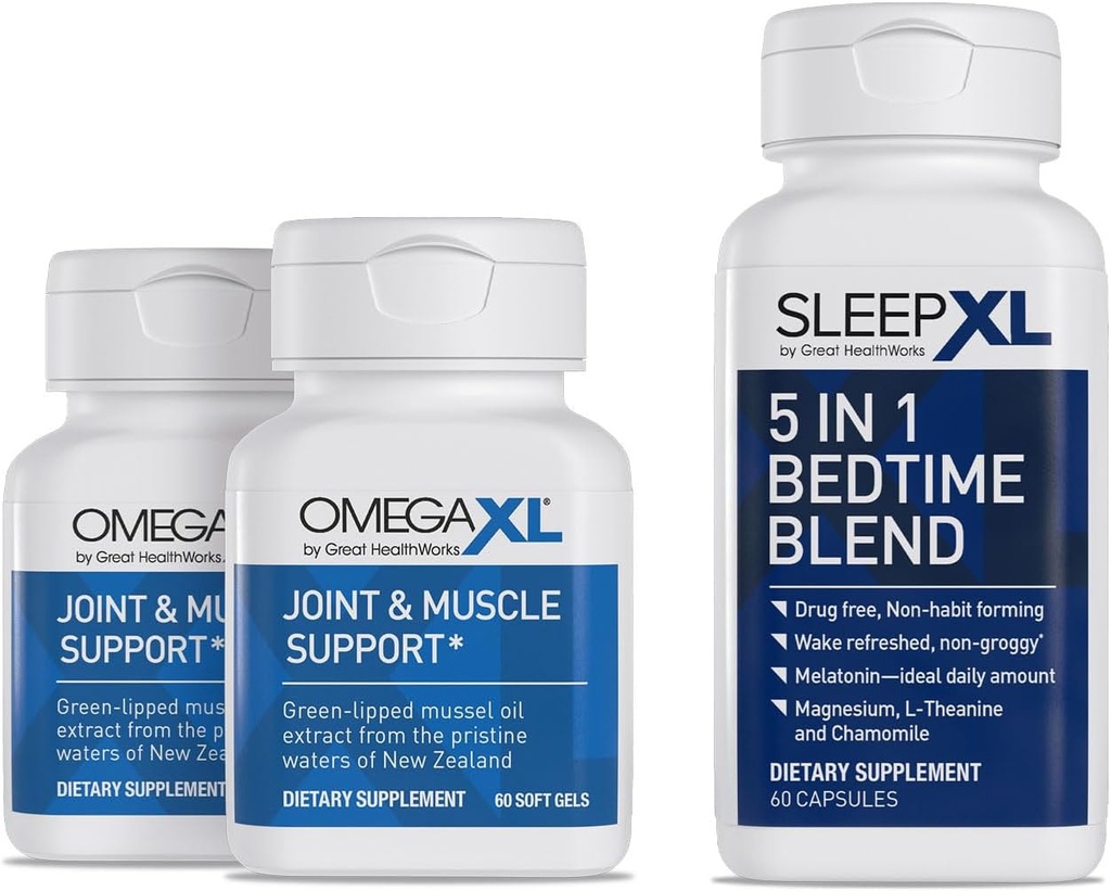 OmegaXL Joint Relief Supplement - Natural Muscle Support, 60 Softgels (2 Pack) & SleepXL Straight-Release melatonin, L- Theanine (Calming), Kamille, Magnesium & B6 (60 Vegankapsler)