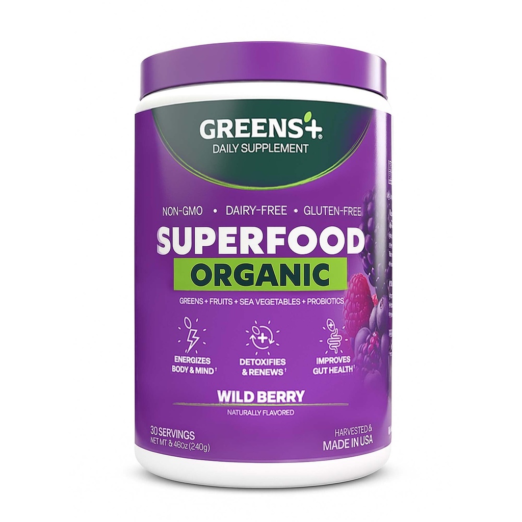 Green + Organic Wild Berry Superfood Powder, Antioxidant Polyphenol, Blend for Morning Kick, Energy, Vitality Boost, Nutrition, Vibrant Health, Kosttilskud, Vegan Soy / Dairy / Gluten Free (8.46oz)