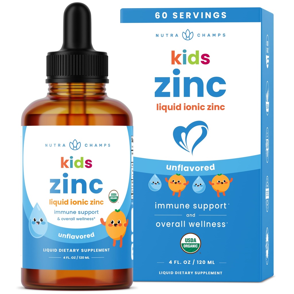 NutraChamps Flydende Zinkdråber til børn, Ionic Zinkdråber Forbedret med C-vitamin til børn, Sugar- Free 4 oz, Vegan & Non- GMO, Tangerine, 60 Servere, 2 Måned Supply