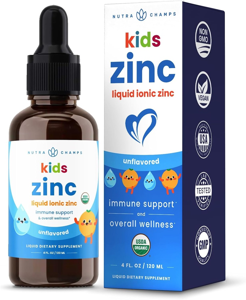 NutraChamps Flydende Zinkdråber til børn, Ionic Zinkdråber Forbedret med C-vitamin til børn, Sugar- Free 4 oz, Vegan & Non- GMO, Tangerine, 60 Servere, 2 Måned Supply