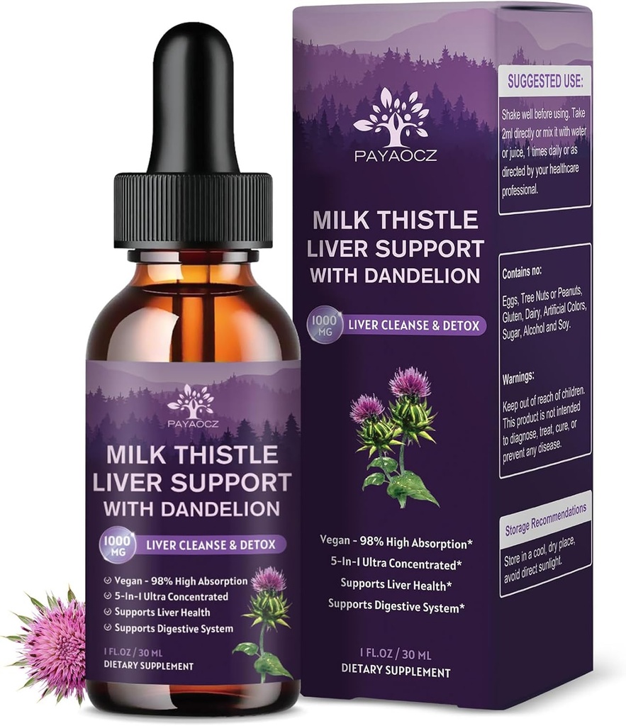 (4 Pack) Mælk Thistle Liquid Drops Silymarin 1000mg, Lever supplement Detox & Rense med Mælkebøtte & Artichoke, Mælk Thistle Organic Extract for Support Reparation Leversundhed, Vegan, Non- GMO, 1 Fl Oz