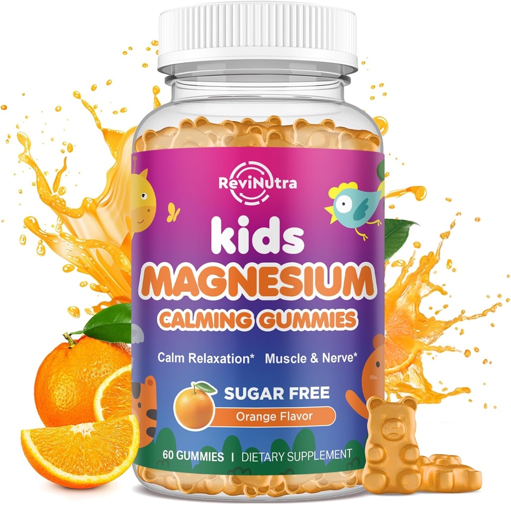 Rolig Magnesium Gummier for børn - Magnesium Glycinat supplement til søvn, hjerne, immun- og knoglerelateret - Great Tasting Magnesium Gummier for børn og voksne - Vegansk sukker fri Orange 60ct