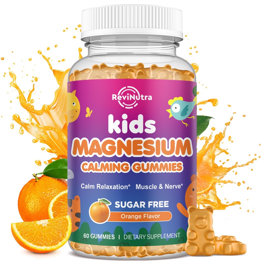 Rolig Magnesium Gummier for børn - Magnesium Glycinat supplement til søvn, hjerne, immun- og knoglerelateret - Great Tasting Magnesium Gummier for børn og voksne - Vegansk sukker fri Orange 60ct