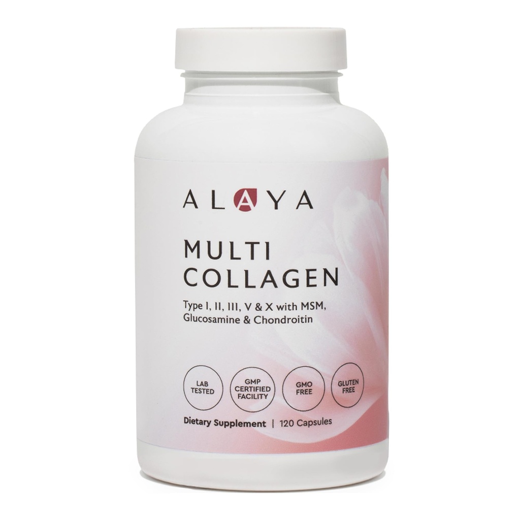 Alaya Naturals Hydrolyzed Multi Collagen Peptider Protein Capsules - Type I, II, III, V, X Grass- Fed Bovine, Kylling, Marine Collagen supplement med MSM + GC (Kapsler - 120 Tæl)