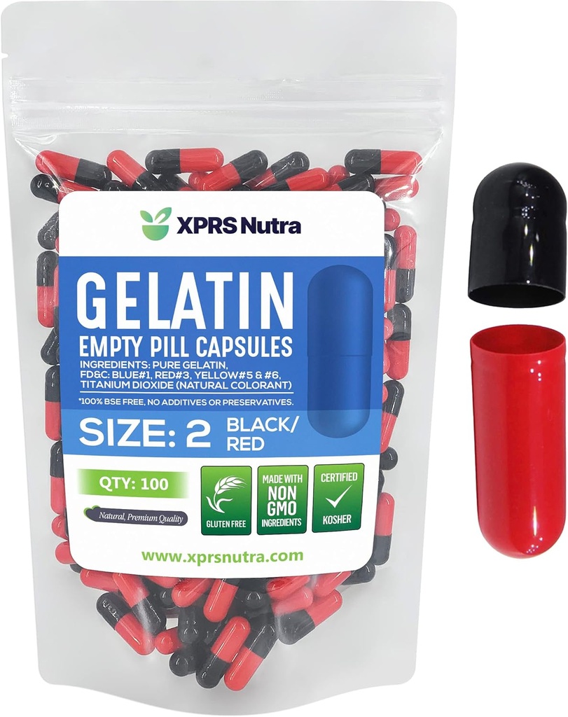 XPRS Nutra Størrelse 2 Tomme kapsler - 100 Tomme Gelatine kapsler - Piller gør det selv Capsule Fyldning - Pure Bovin Pill Gel Caps til Do- It- Yourself Kosttilskud (sort / rød)
