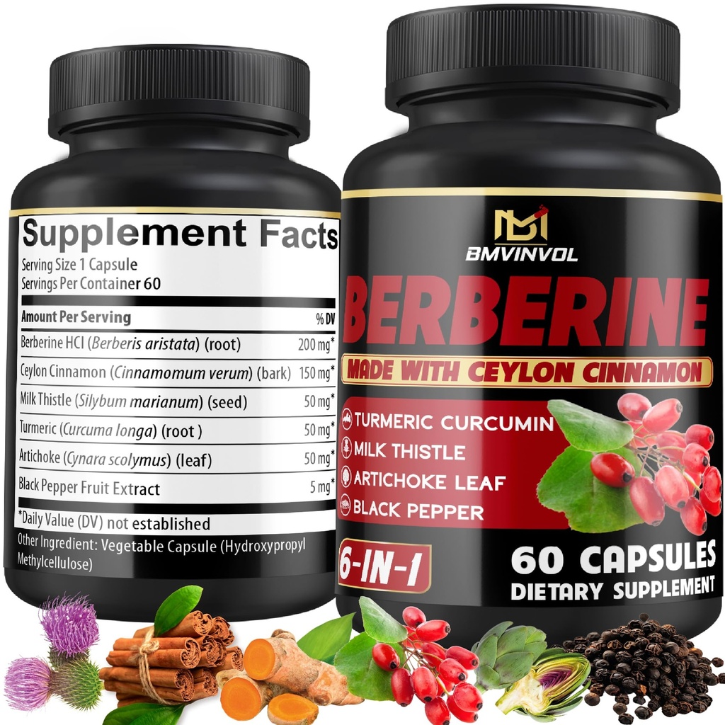 Berberine tillæg med Ceylon kanel, gurkemeje, Artiskok, Milk Thistle - Berberine HCl supplement piller - 60 kapsler [2-måned Tilgang]