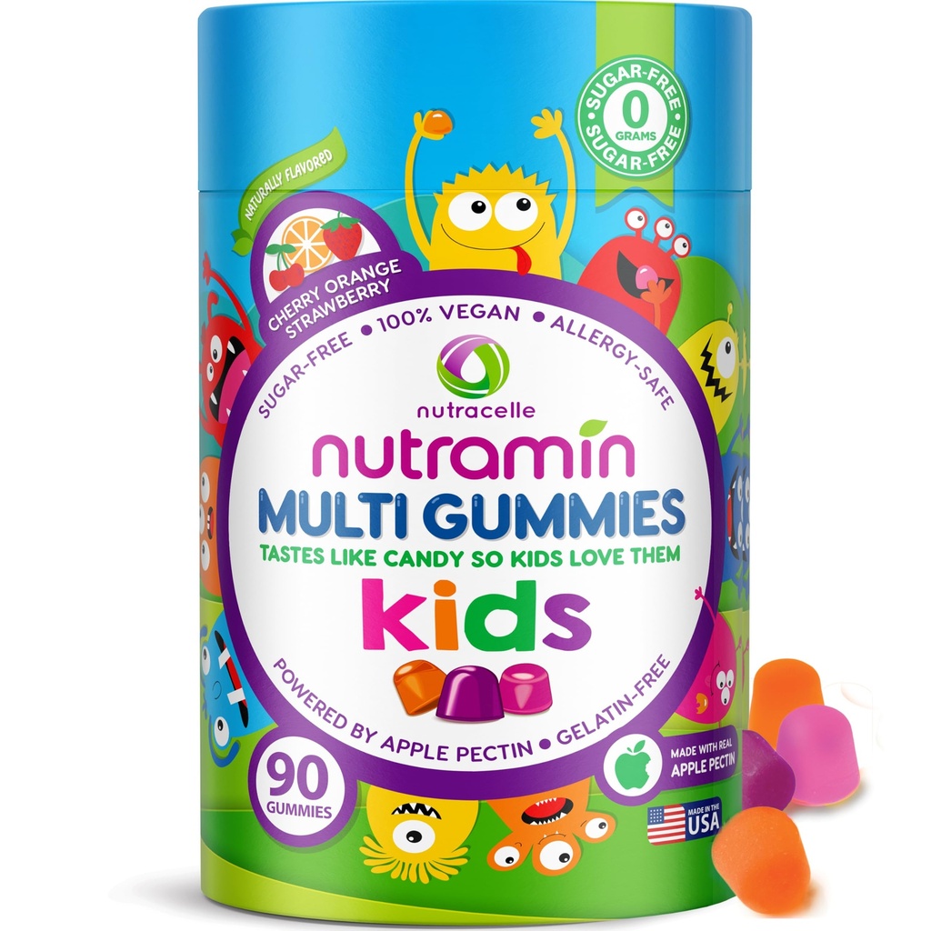 Nutracelle NUTRAMIN Sugar- Free, Allergen- Free 100% Vegansk Gummy Multivitaminer til børn - Great Tasting Natural Gummies Dine børn vil elske - 90 Count Flaske