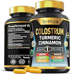 Colostrum Supplement - 8in1 Formula - Combine with Turmeric, Ceylon Cinnamon, Quercetin, Royal Jelly, Dandelion, L- Glutamine, and Black Pepper - Digestive Health Support - 120 Capsules