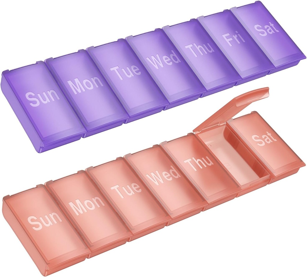 Weekly Pill Organizer,2 Pack Large Daily Vitamin Pill Box,Portable Travel Friendly 7 Day Pill Containers Medicine Holder,Handbag Outdoor Camping Small Pill Case for Supplements Fish Oill