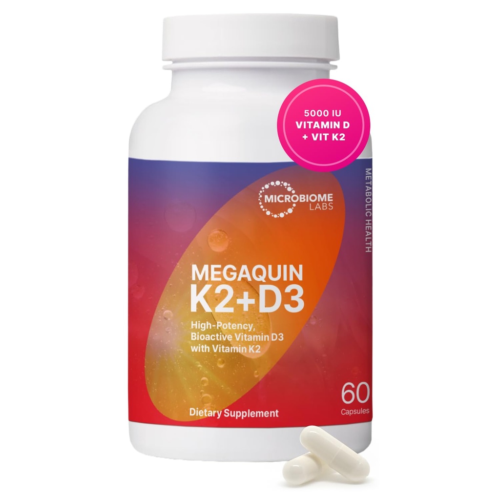 Mikrobiome Labs MegaQuin D3 + K2 - højpotens D3 K2-vitamin - Bioactive & Bioavailable - Vitamin D3 5000 iu & MK- 7 - Support Knogle, hjerte, nerve og immunforsvar (60 kapsler)