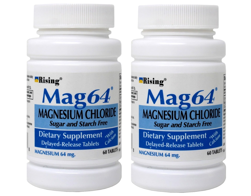 Rising Mag64 Magnesiumchlorid Kosttilskud Forsinket udgivelsestabletter 64 mg, 60 tabletter (pakning med 2)