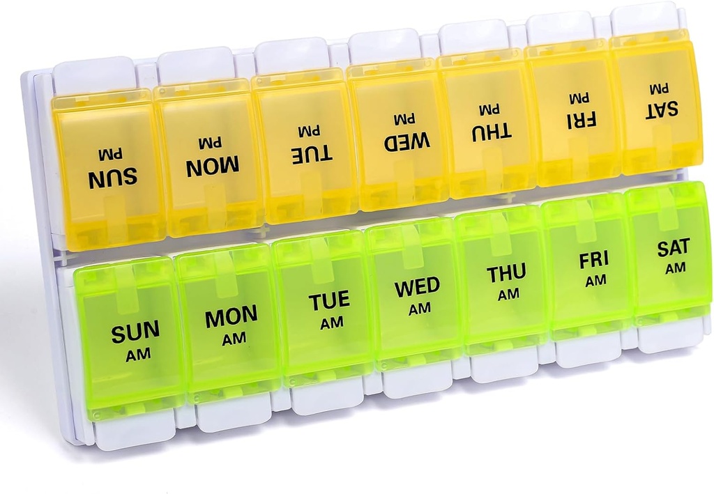 Sukuos AM PM Weekly Pill Organizer 7 Dag, 2 gange en dag medicin Pill Box med nem trykknap, BPA gratis Vitamin Cases for Fish Oil / Kosttilskud, let at rengøre (gul og grøn)