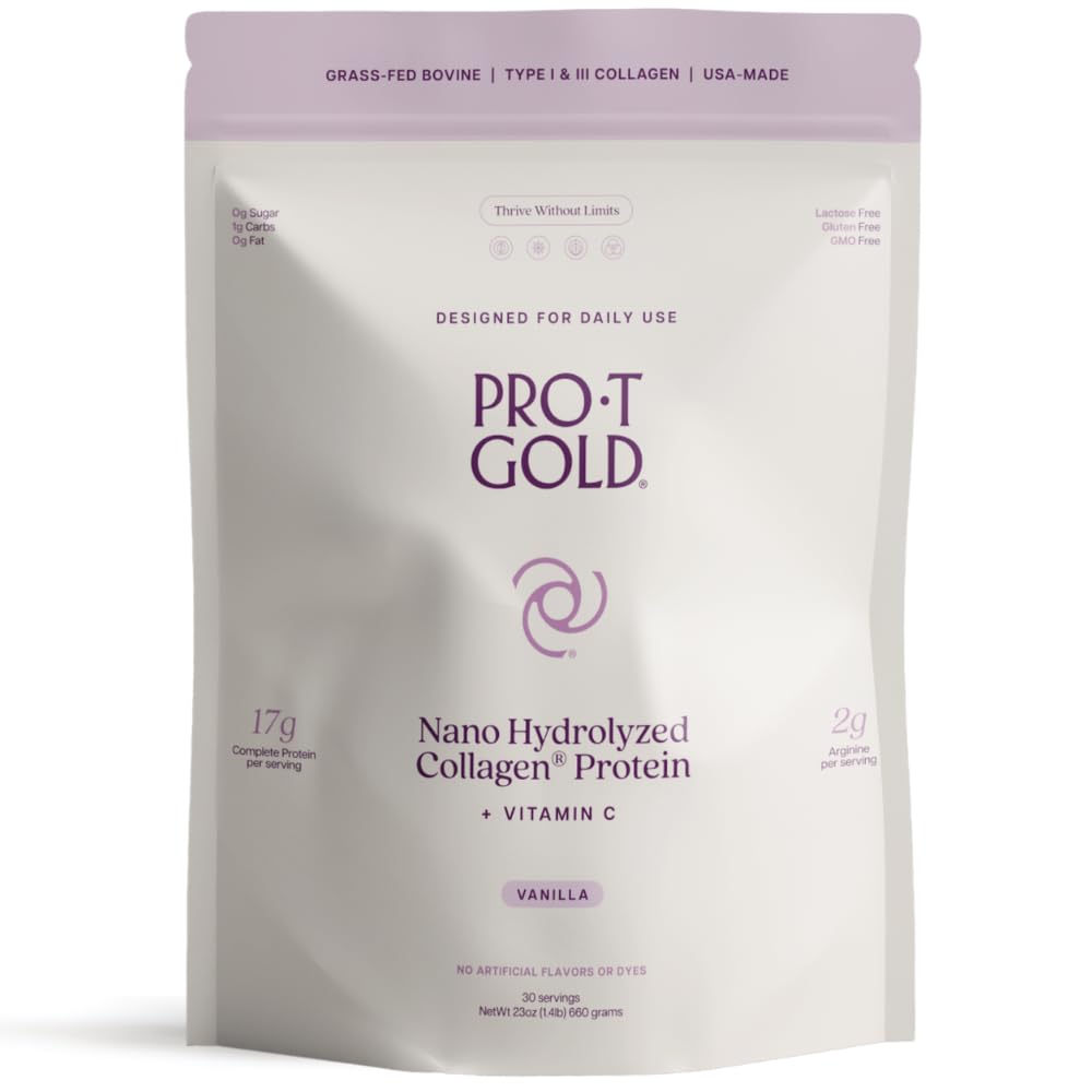 ProT guld Collagen Protein Powder, 17g Protein Nano- Hydrolyzed Grass Fed Collagen, C-vitamin, 2g Arginin for Sår Support, Gluten Free, All Natural, Fat and Sugar Free, 0g Carbs, Vanilla, 23 oz, 30