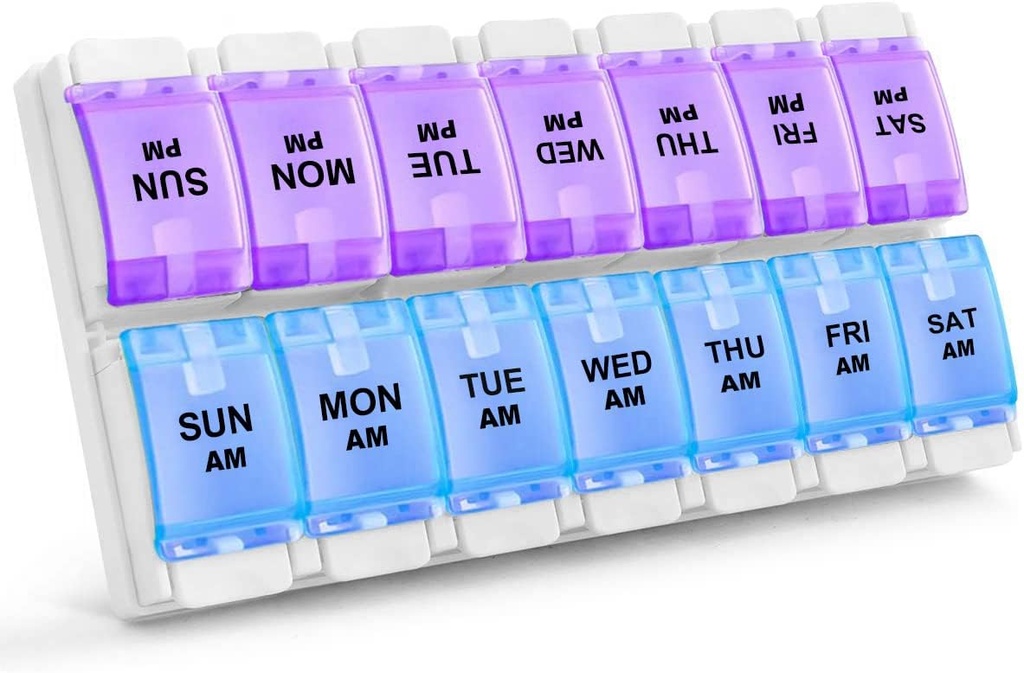 Sukuos AM PM Weekly 7 Day Pill Organizer, 2 gange en dag Pill Box med Gigt venlige trykknap, Medicin sager for Vitamin / Fish Oil / Kosttilskud, Let at rengøre (lilla & blå)