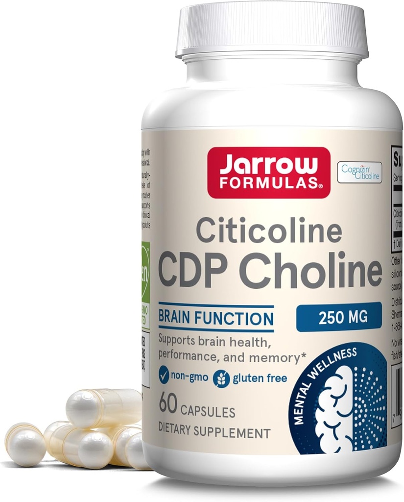 Jarrow Formulas - CDP Cholin kapsler - 250 mg - 60 Greve - Citicolin CDP Cholin supplement - Til hukommelse & hjerne sundhed støtter Phosphatidylcholine Syntese - Non- GMO - Gluten Free