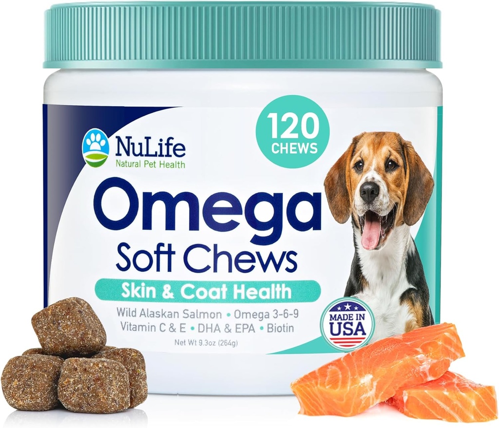 Omega Hud og Coat Chews for Hunde, Wild Salmon Dog Treats med Biotin & E-vitamin, Hjælper med Itchy Hud, Allergi Relief & Shedding, Omega 3 6 9, EPA & DHA Fedtsyrer, Lavet i USA, 120 Chews