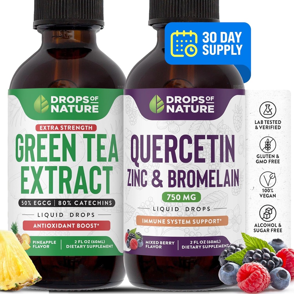 Drops Of Nature Quercetin Liquid Drops 750mg | Green Tea Extract 1000mg | Bundle