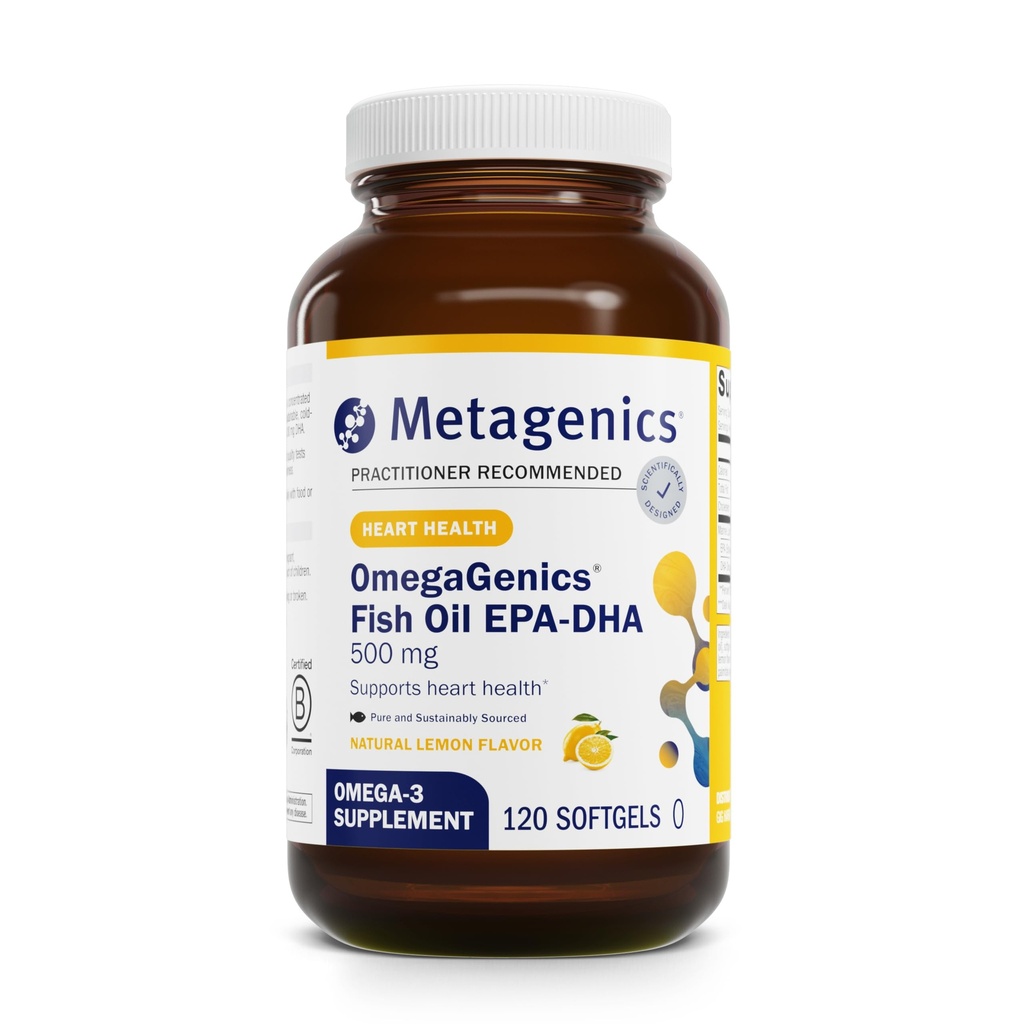 Metagenics OmegaGenics EPA-DHA 500 - High Potency Fish Oil Supplement for Cardiovaskulær Sundhed * - Vedvarende Sourced & Renhed Testet - Non-GMO & Gluten- Free - 120 Softgels
