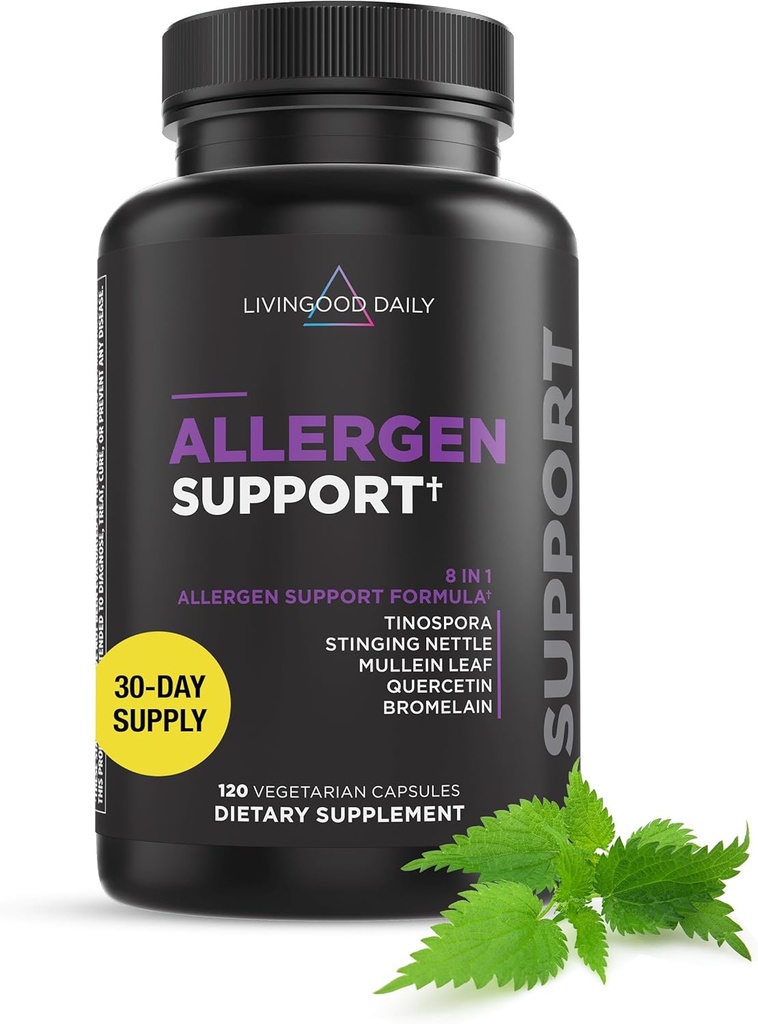 Livingood Daily Allergen Support, Natural Allergy Supplement med C-vitamin, Quercetin, Nettle Leaf, Zink, Bromelain & Tinospora, Non GMO, Vegan, immunforsvar Formel, 120 vegetariske kapsler