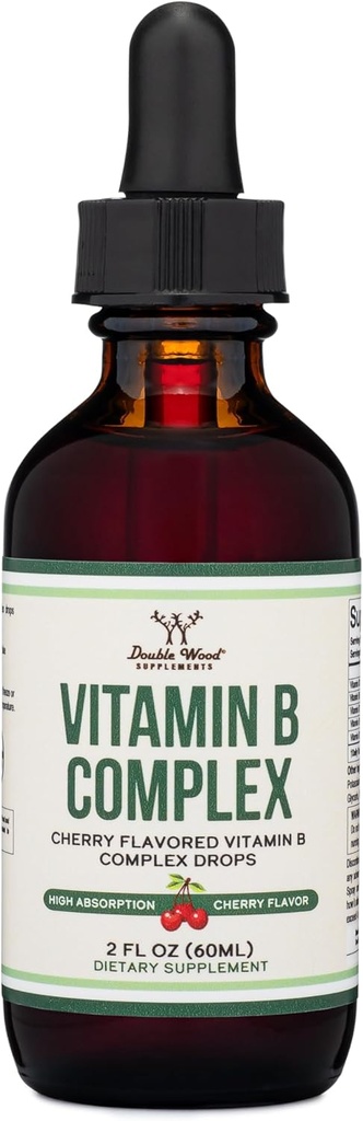 Dobbelt Wood Kosttilskud Flydende Vitamin B Complex - 2 Måned Supply - Max Absorption - B3, B6, B7 (Biotin), B9, og Vitamin B12 - Cherry Flavor - 2 FL OZ