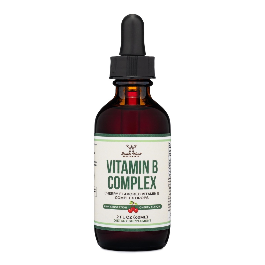 Dobbelt Wood Kosttilskud Flydende Vitamin B Complex - 2 Måned Supply - Max Absorption - B3, B6, B7 (Biotin), B9, og Vitamin B12 - Cherry Flavor - 2 FL OZ
