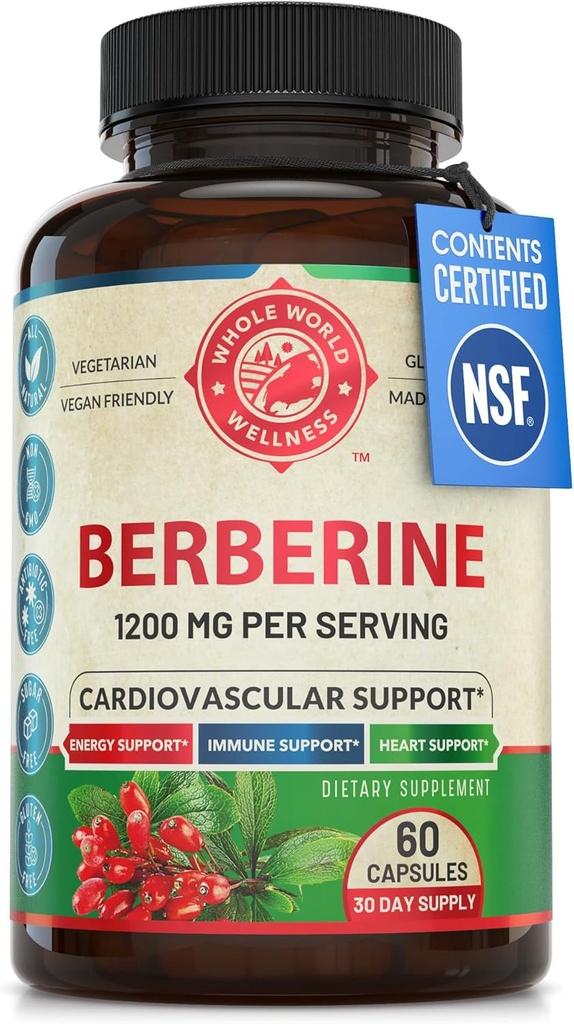 1200mg Berberine Herbal Health Capsules Support Heart and Cardiovaskulær Health, Hjælp med at bevare sund Cholesterol, Triglycerid, Blood Sugar Nivels, Understøtter fordøjelse, Øger Metabolisme, 60 Kapsler