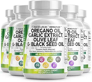 Rene nukleosteroider Oregano Oil Hvidløg Uddrag Olive Leaf Black Seed Olie- immunforsvar & fordøjelsestilskud for kvinder og mænd med vitamin D3 & Zink - 5Pack