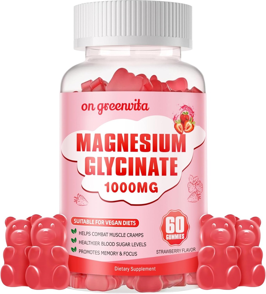 Magnesium Glycinat Gummies 1000mg - Sugar Free Magnesium Kalium Supplement med D-vitamin, B6, CoQ10 for Calm Mood & Sleep Support - 60 Jordbær Gummies
