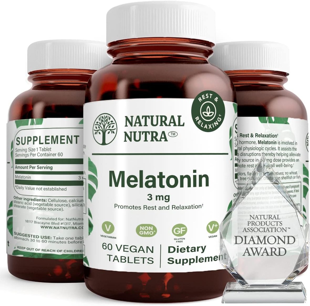 Naturlig Nutra Vegan Melatonin 3 mg, Hjælper Forbedre hjertets sundhed, Understøtter immunsystemet, Hjælper Cell Sundhed & Heart Sundhed, Bidrage til Samlet Wellness, Forbedre søvnkvalitet, Gluten Free, 60 tabletter