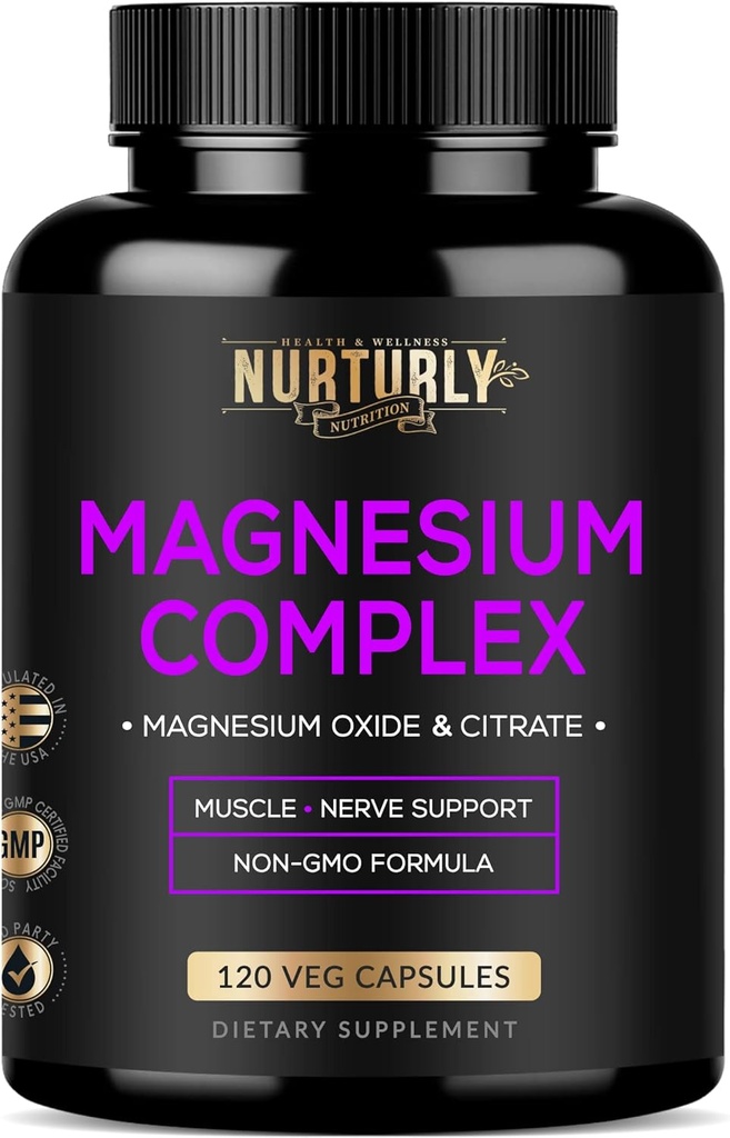 Magnesium Citrate & Oxide 500mg Complex supplement - Høj Absorption Maksimal Styrke - Hjælper support Knogletæthed og styrke, Muskler, Energi og søvn - 120 Veganske kapsler
