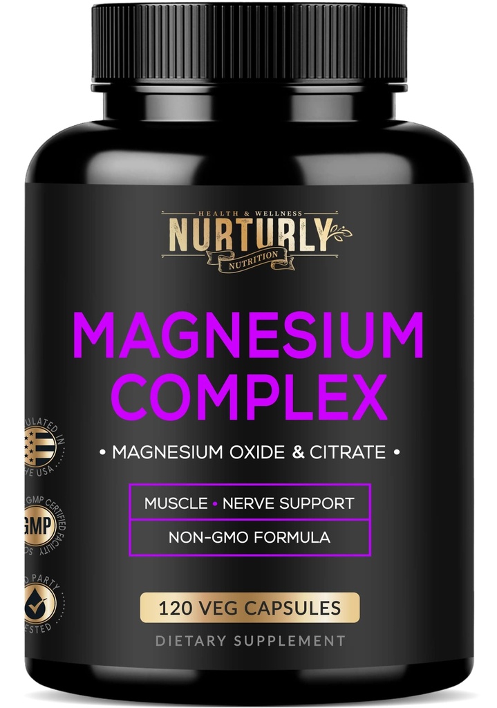 Magnesium Citrate & Oxide 500mg Complex supplement - Høj Absorption Maksimal Styrke - Hjælper support Knogletæthed og styrke, Muskler, Energi og søvn - 120 Veganske kapsler