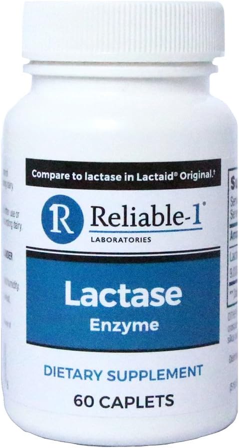 RELIABLE 1 LABORATORIES Lactase Enzyme Kosttilskud (60 kapsler, 1 flaske) - Hjælper til at forhindre gas, Bloating og Diarré fra mælkebaserede produkter