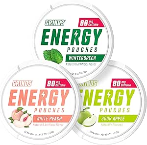 Grinds Energy Pouches - Natural Koffein Pouches - Indeholder B- Vitaminer, sukkerfri, & 0 kalorier - 80mg Koffein i hver Pouch - Wintergreen, Peach, & Sour Apple - 3 Pack, 15 Pouches Per Can