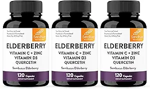 Sandhu 's Elderberry C-vitamin og zink med vitamin D3 & Quercetin Budd124; Supplement kapsler til mænd & kvinder Budd124; Understøtter immunforsvar Budd124; 120 Tæl (pakke med 3)